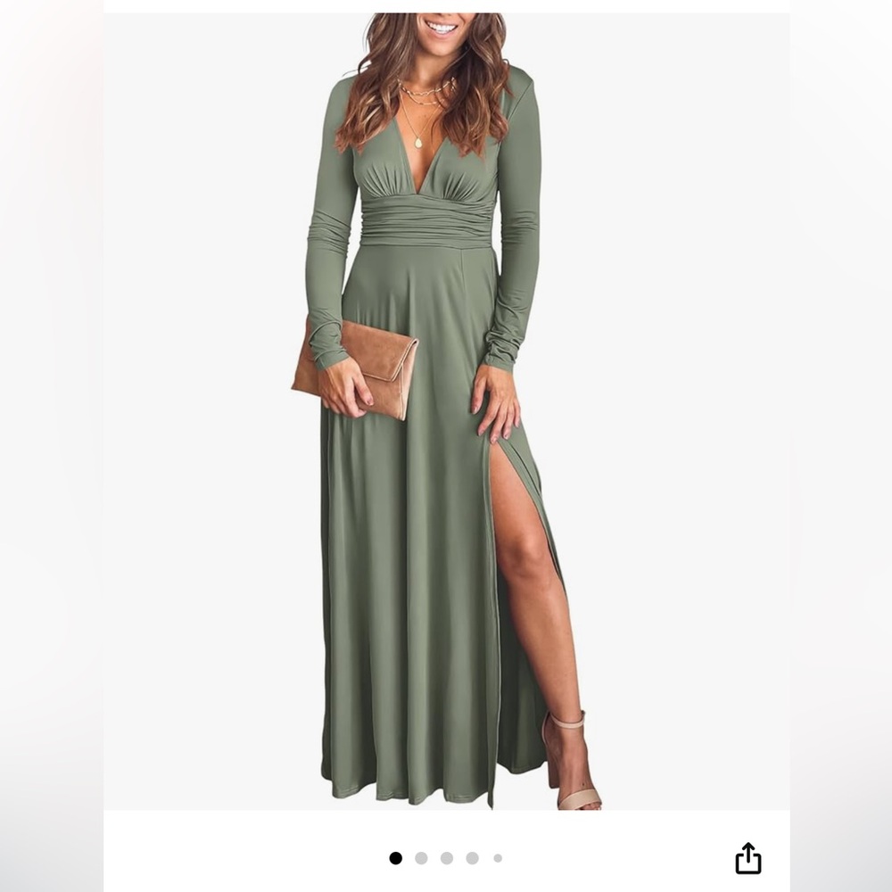 Green, maxi, slit, long sleeve, V-neck